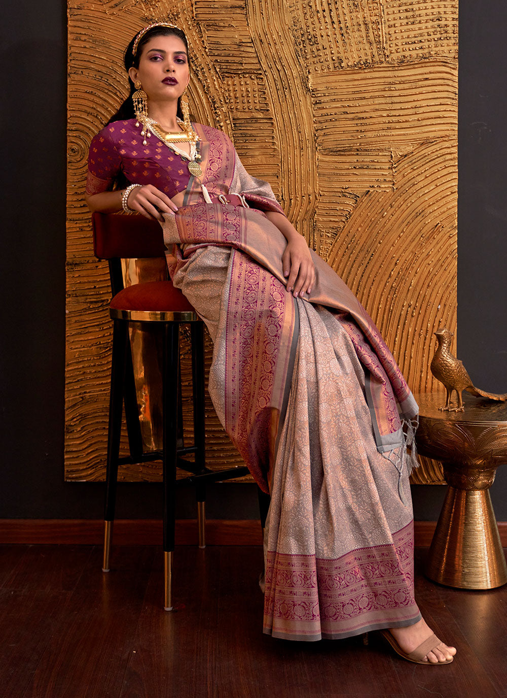Brown And Purple Contemporary Sari With Weaving Work