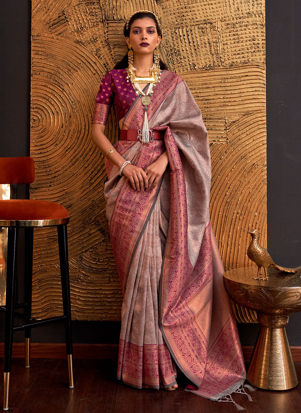 Brown And Purple Contemporary Sari With Weaving Work