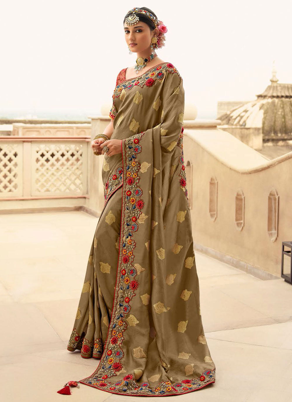 Embroidered Work Silk Trendy Saree In Brown For Ceremonial