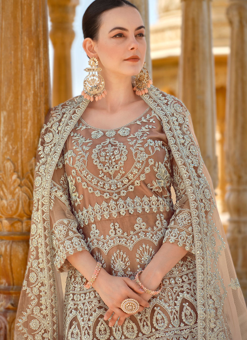 Brown Net Salwar Suit With Cord, Embroidered And Stone Work