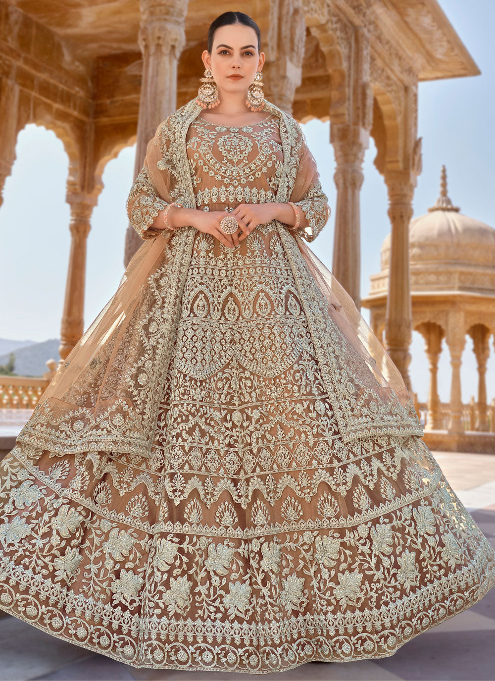 Brown Net Salwar Suit With Cord, Embroidered And Stone Work