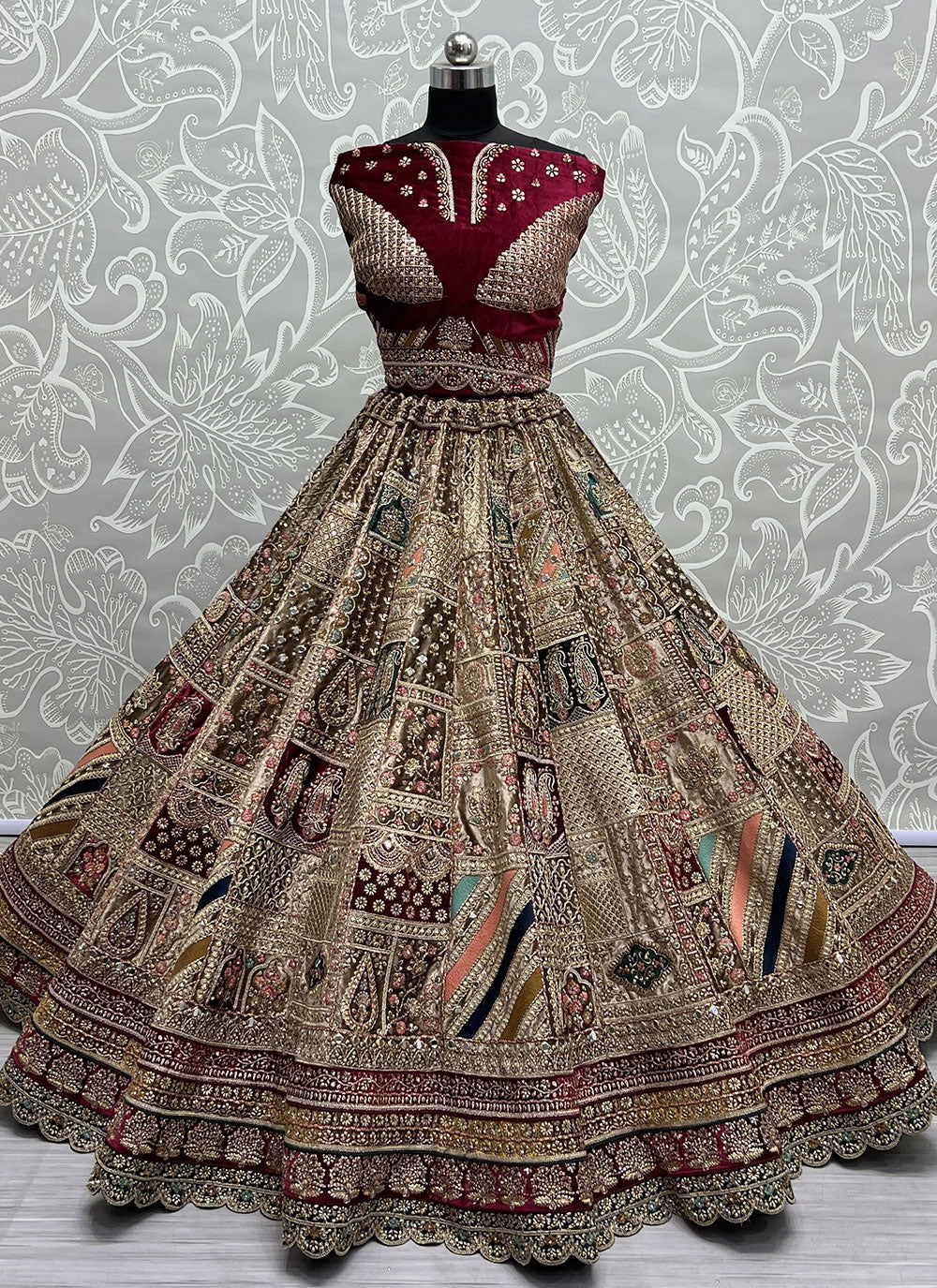 Brown Diamond, Dori, Embroidered, Patch Border, Sequins And Zari Work Velvet Lehenga Choli