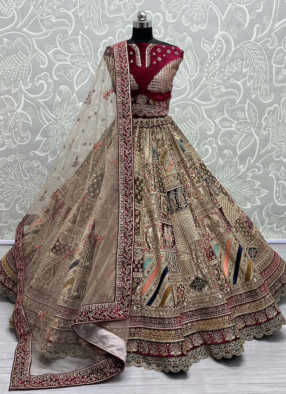 Brown Diamond, Dori, Embroidered, Patch Border, Sequins And Zari Work Velvet Lehenga Choli