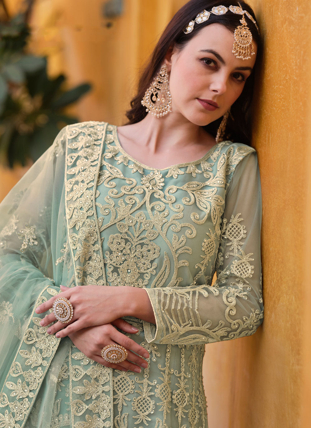 Green Net Embroidered And Stone Work Salwar Suit For Ceremonial