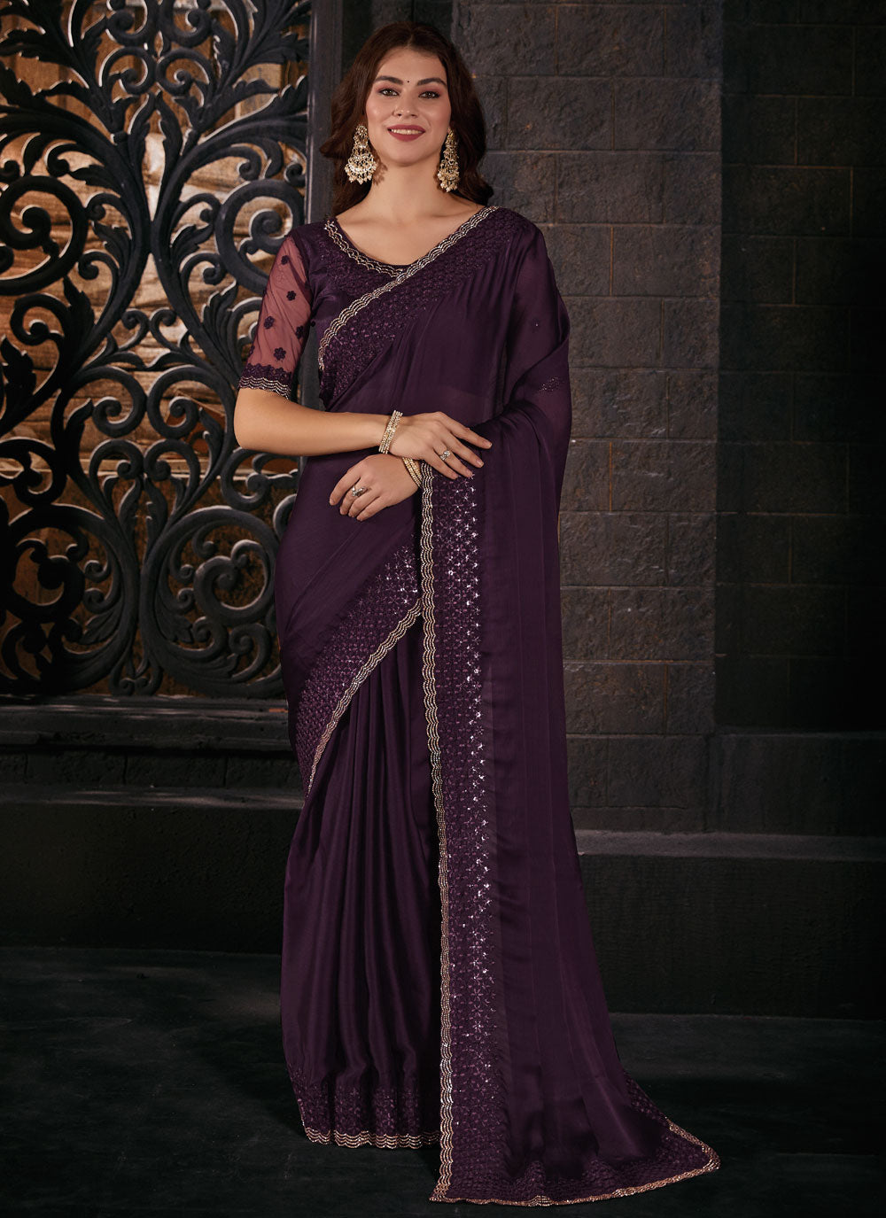 Patch Border, Embroidered And Sequins Work Chiffon Satin Classic Sari In Purple