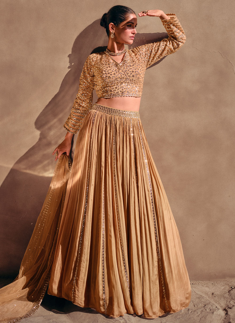 Embroidered And Sequins Work Lehenga Choli In Beige For Ceremonial
