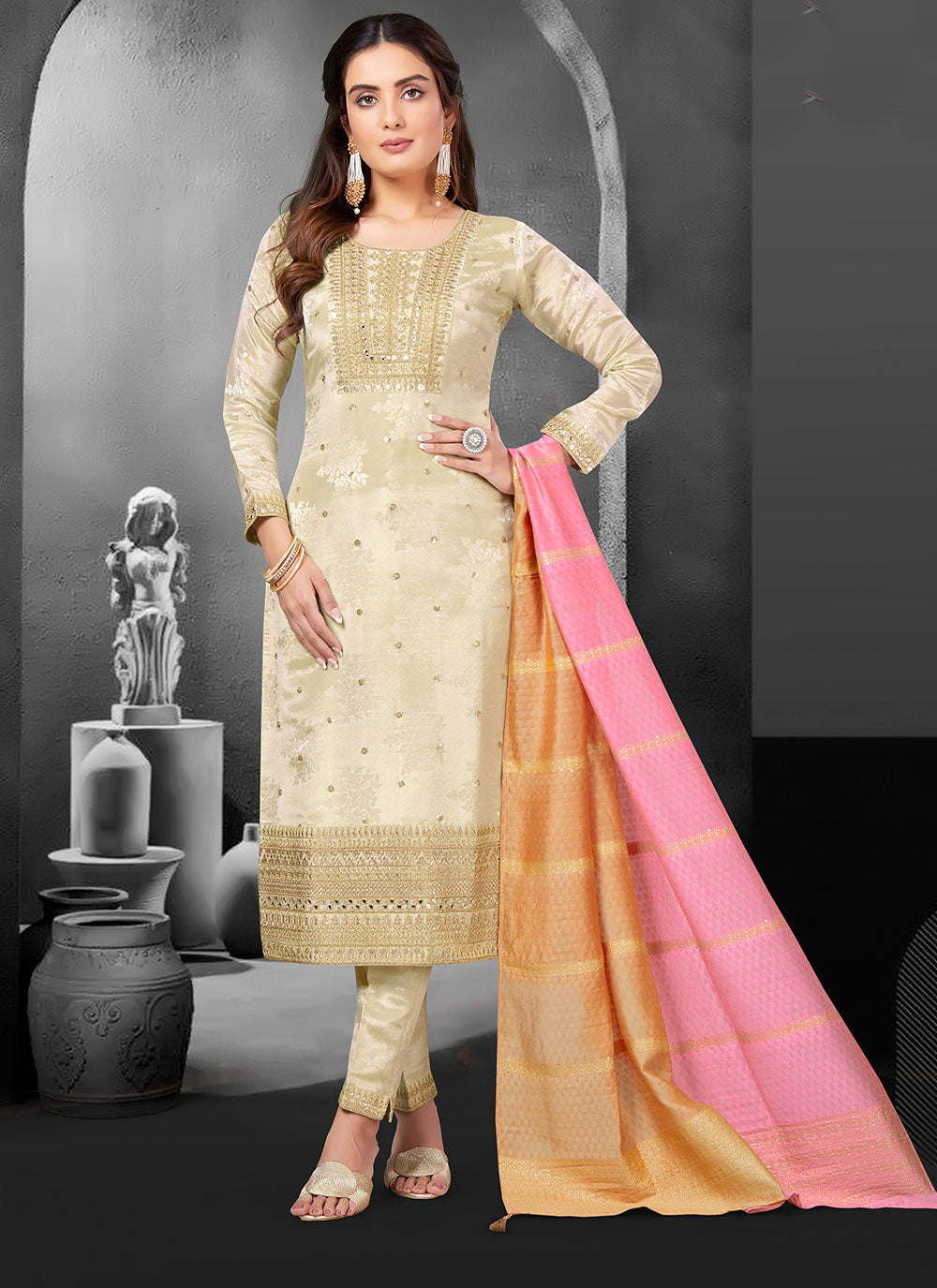  Cream Silk Embroidered Work Pant Style Suit