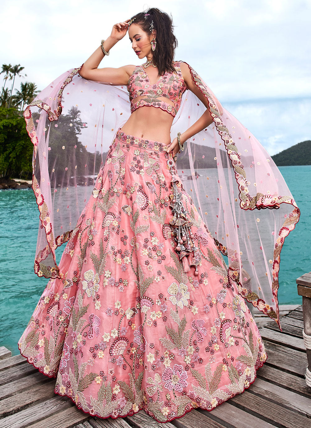Embroidered Work Organza A - Line Lehenga Choli In Pink For Ceremonial