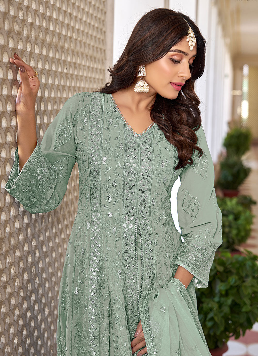 Party Wear Sea Green Anarkali Suit With Embroidered Work