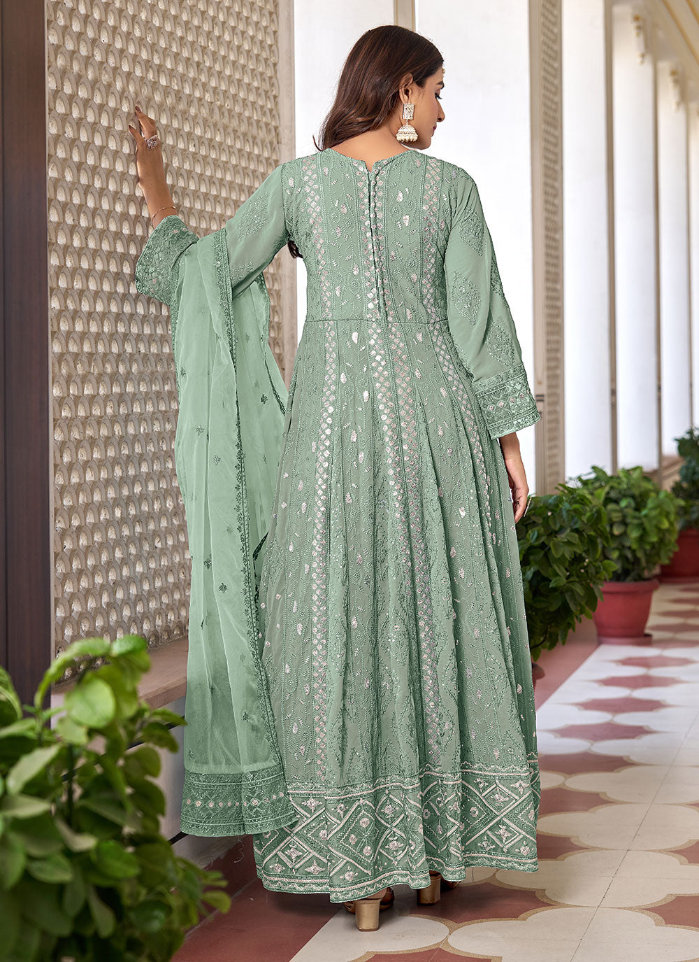 Party Wear Sea Green Anarkali Suit With Embroidered Work