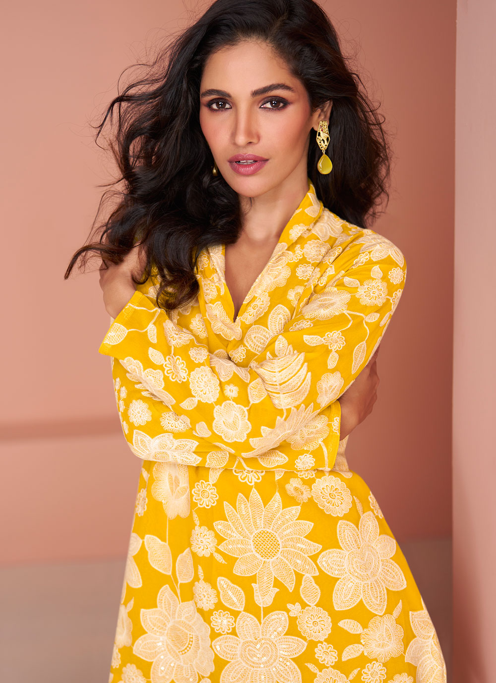 Yellow Cotton Silk Embroidered And Sequins Work Casual Kurti