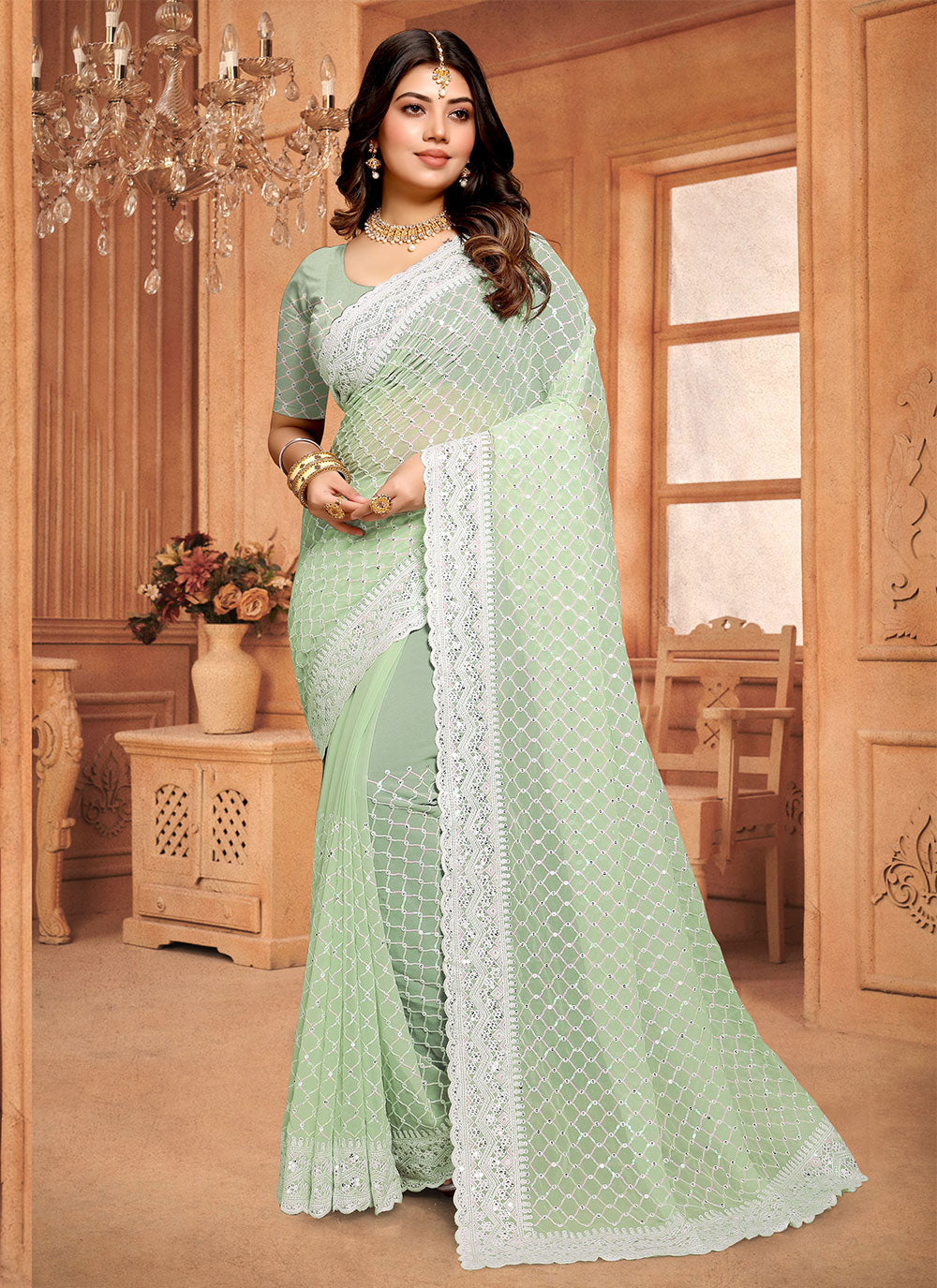 Sea Green Georgette Classic Sari With Embroidered And Sequins Work For Women