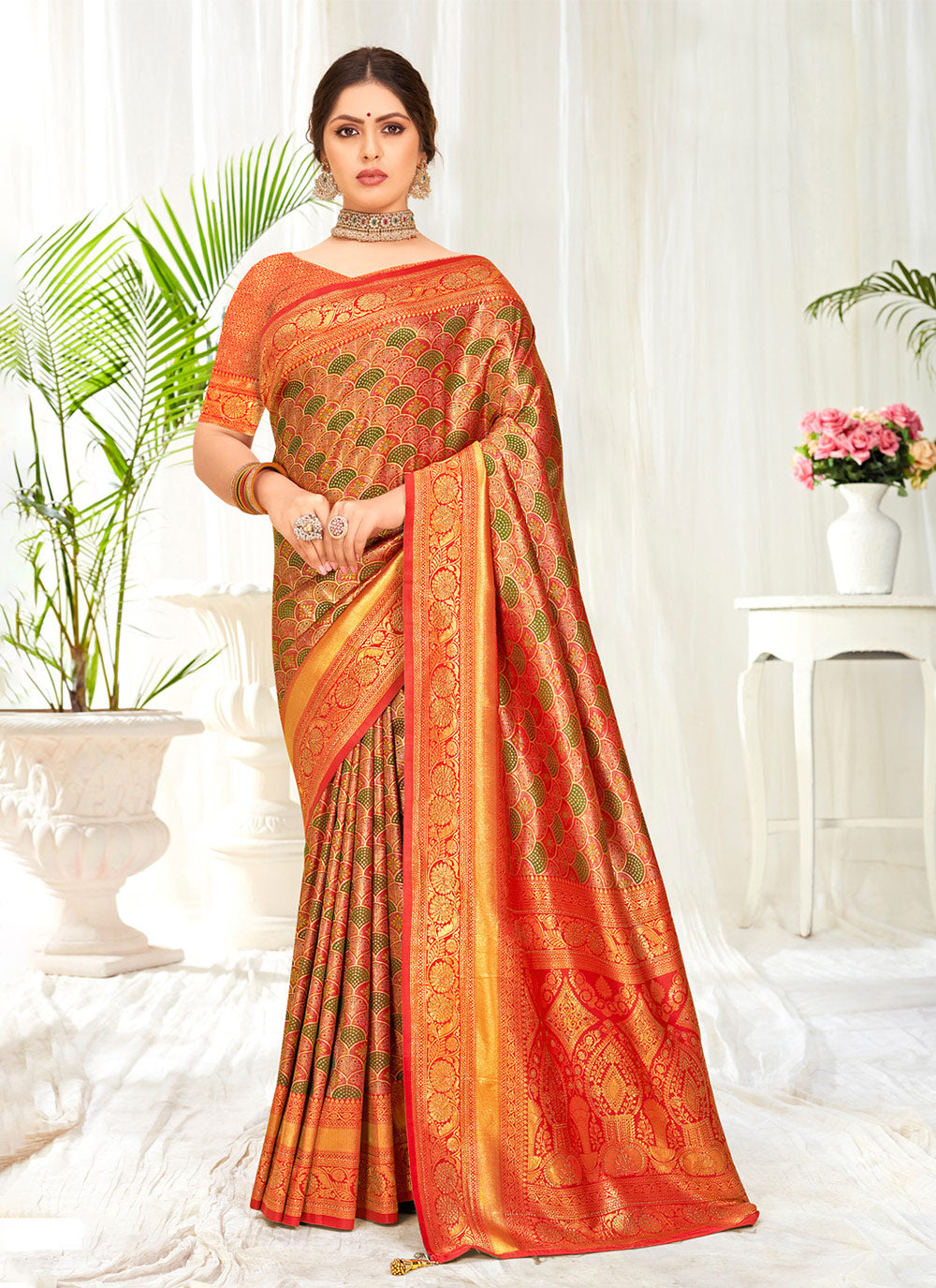 Orange Banarasi Silk Weaving Work Traditional Saree