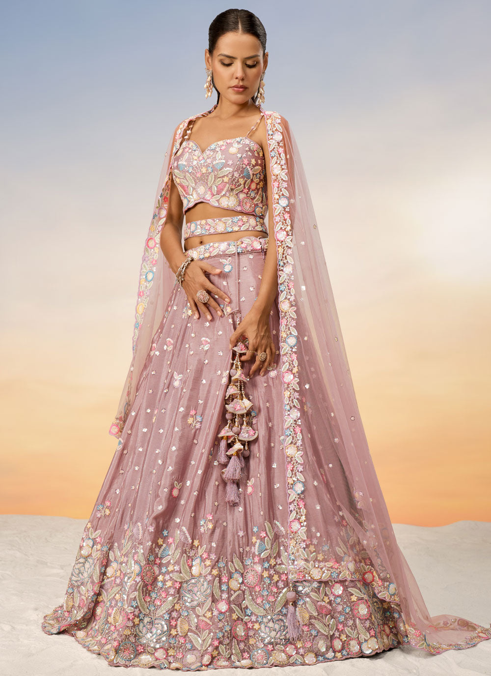 Embroidered And Sequins Work Chiffon Lehenga Choli In Pink