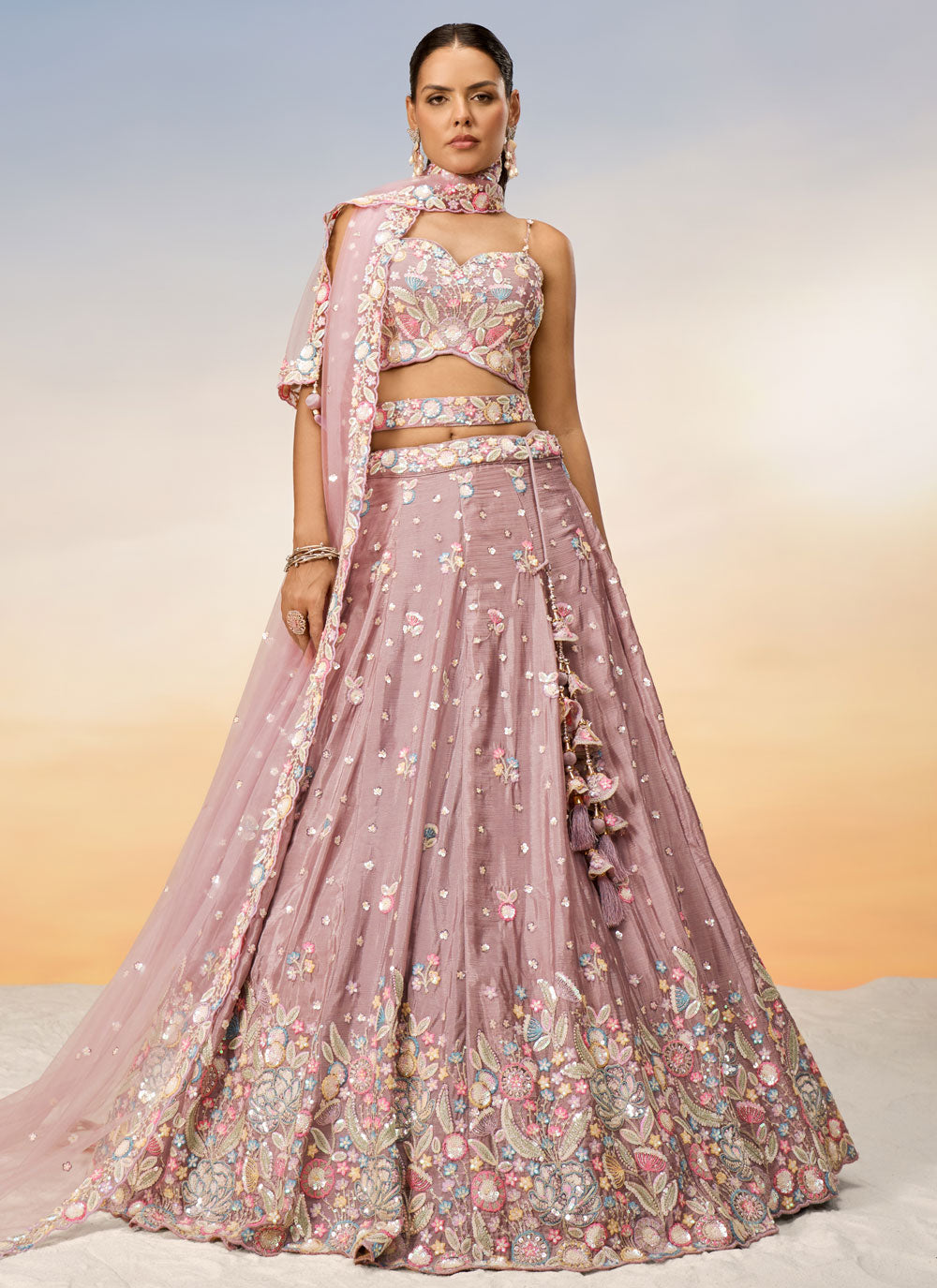 Embroidered And Sequins Work Chiffon Lehenga Choli In Pink