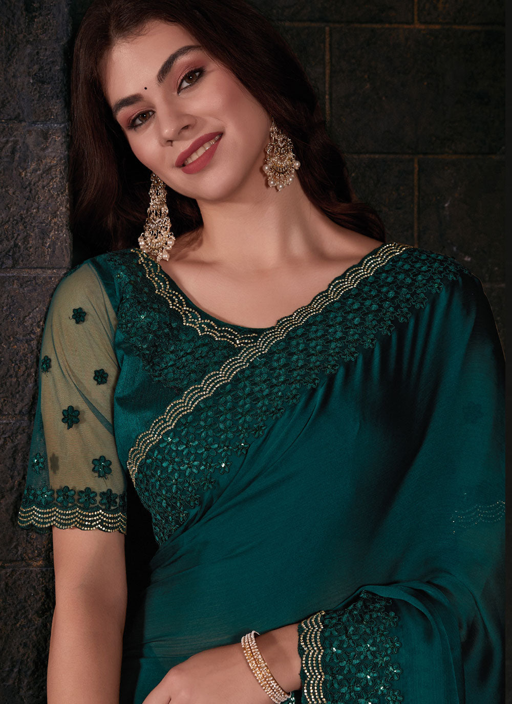 Rama Chiffon Satin Patch Border, Embroidered And Sequins Work Trendy Saree For Engagement