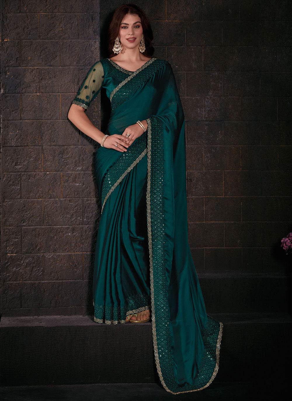 Rama Chiffon Satin Patch Border, Embroidered And Sequins Work Trendy Saree For Engagement