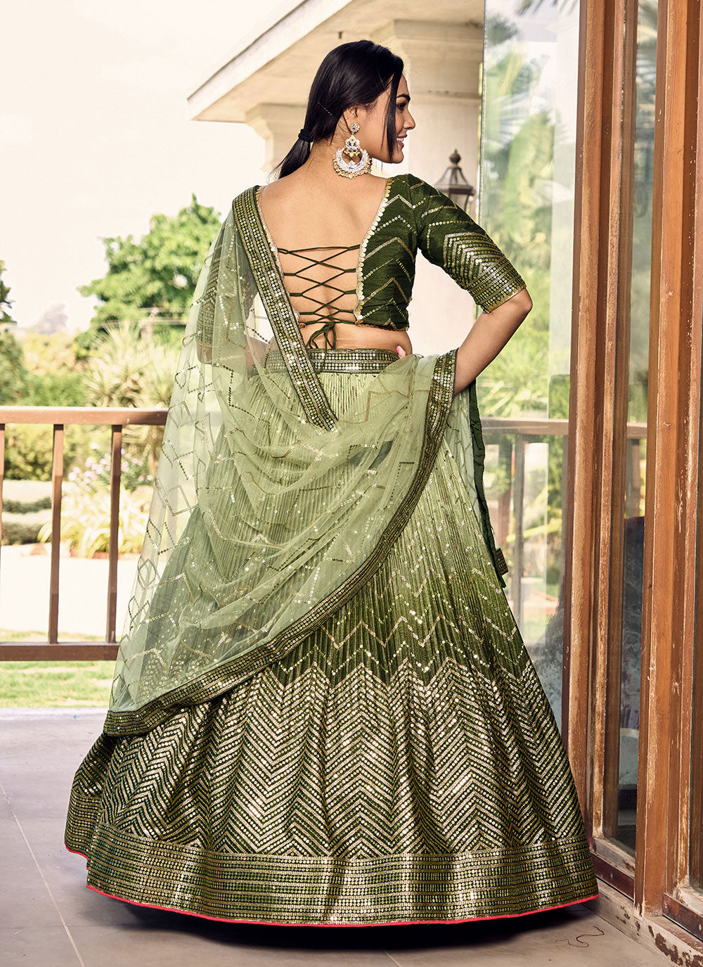 Green Chinon Embroidered, Sequins And Thread Work A - Line Lehenga Choli For Ceremonial
