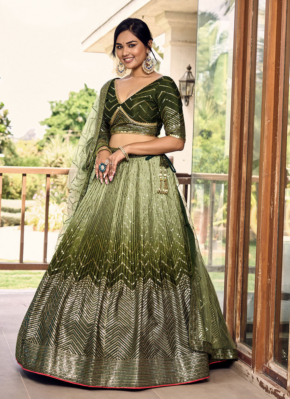 Green Chinon Embroidered, Sequins And Thread Work A - Line Lehenga Choli For Ceremonial