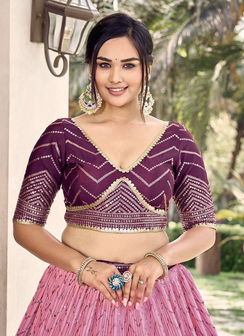 Purple Chinon A - Line Lehenga Choli With Embroidered, Sequins And Thread Work