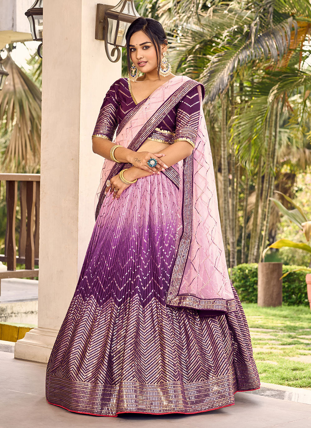 Purple Chinon A - Line Lehenga Choli With Embroidered, Sequins And Thread Work