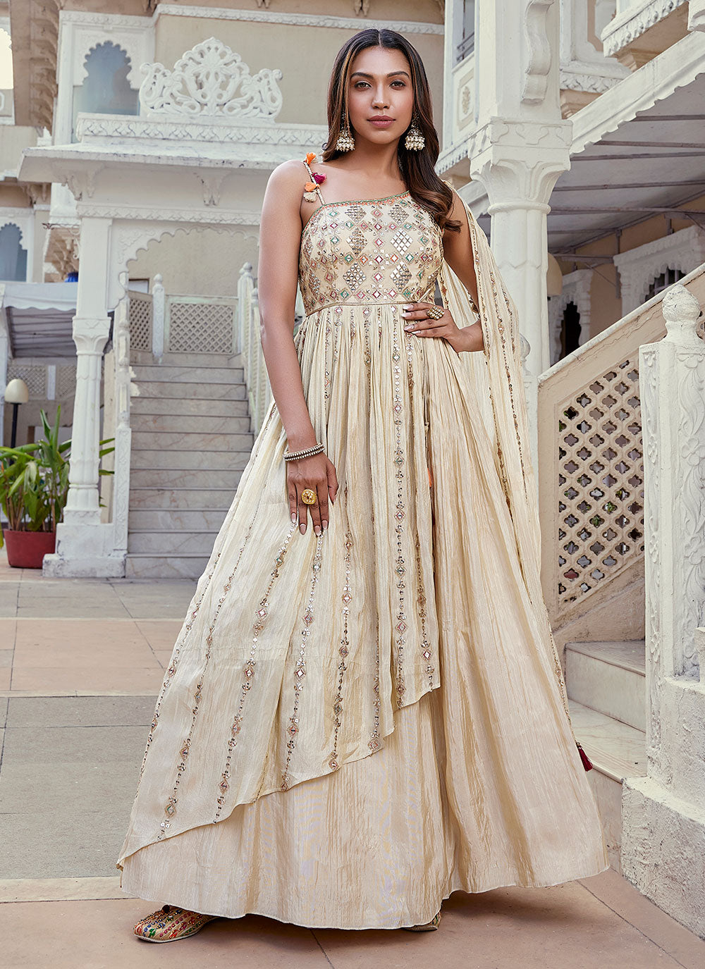 Cream Chinon Embroidered And Mirror Work Designer Gown