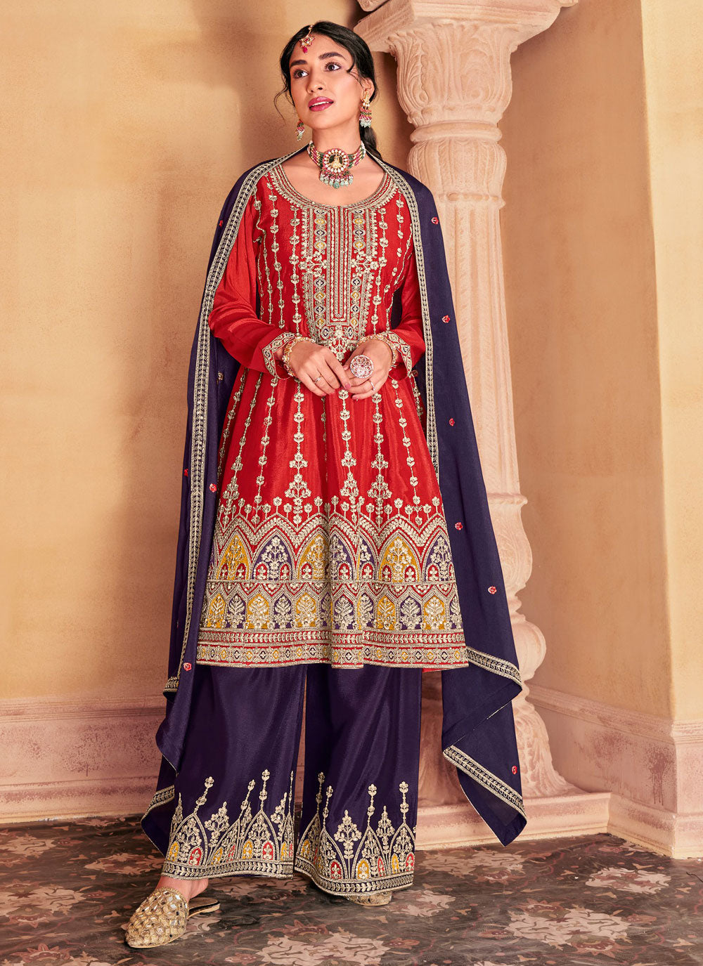 Purple And Red Chinon Embroidered Work Trendy Suit