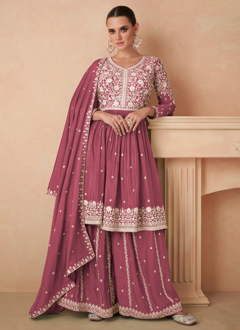 Embroidered Work Chinon Palazzo Salwar Suit In Pink For Ceremonial