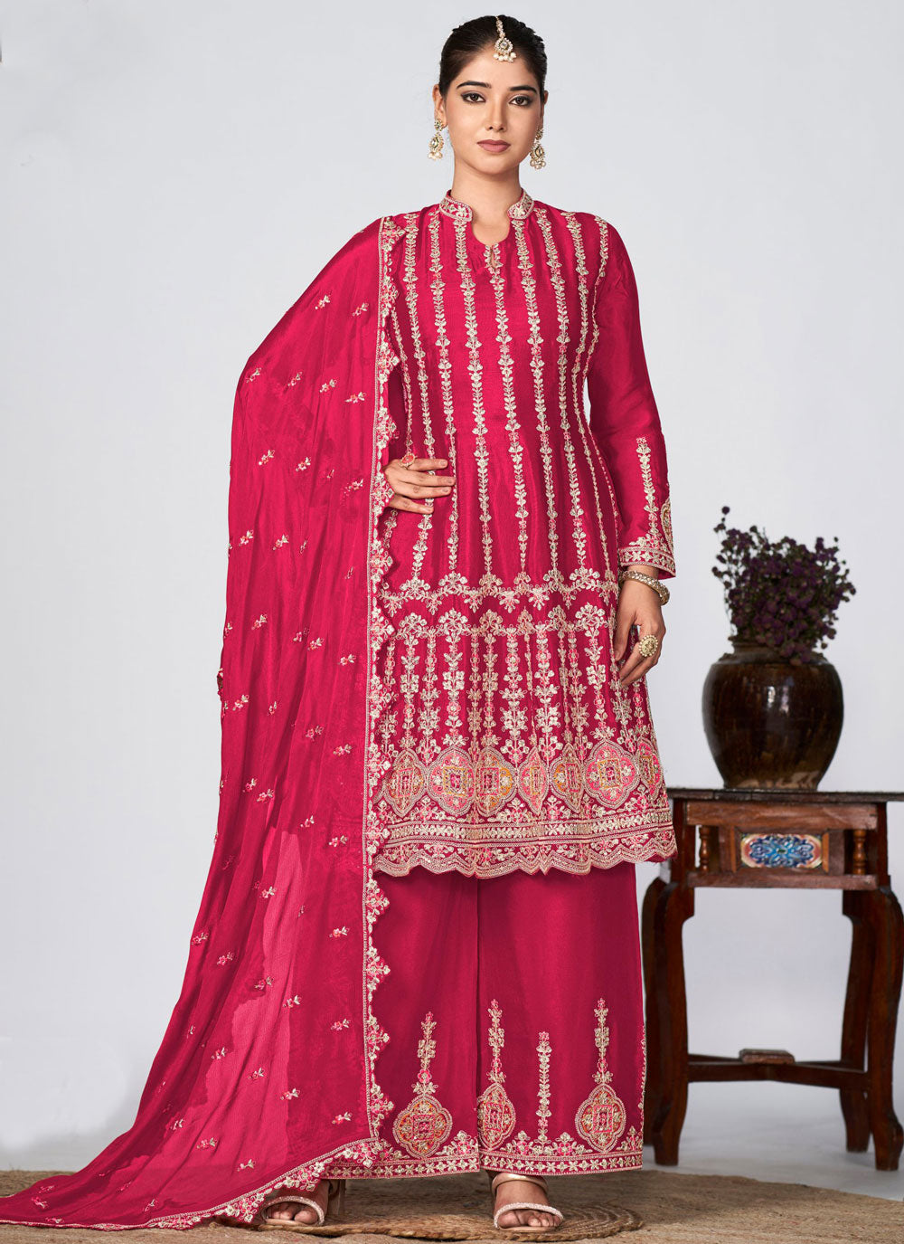 Pink Embroidered Work Chinon Readymade Salwar Suit