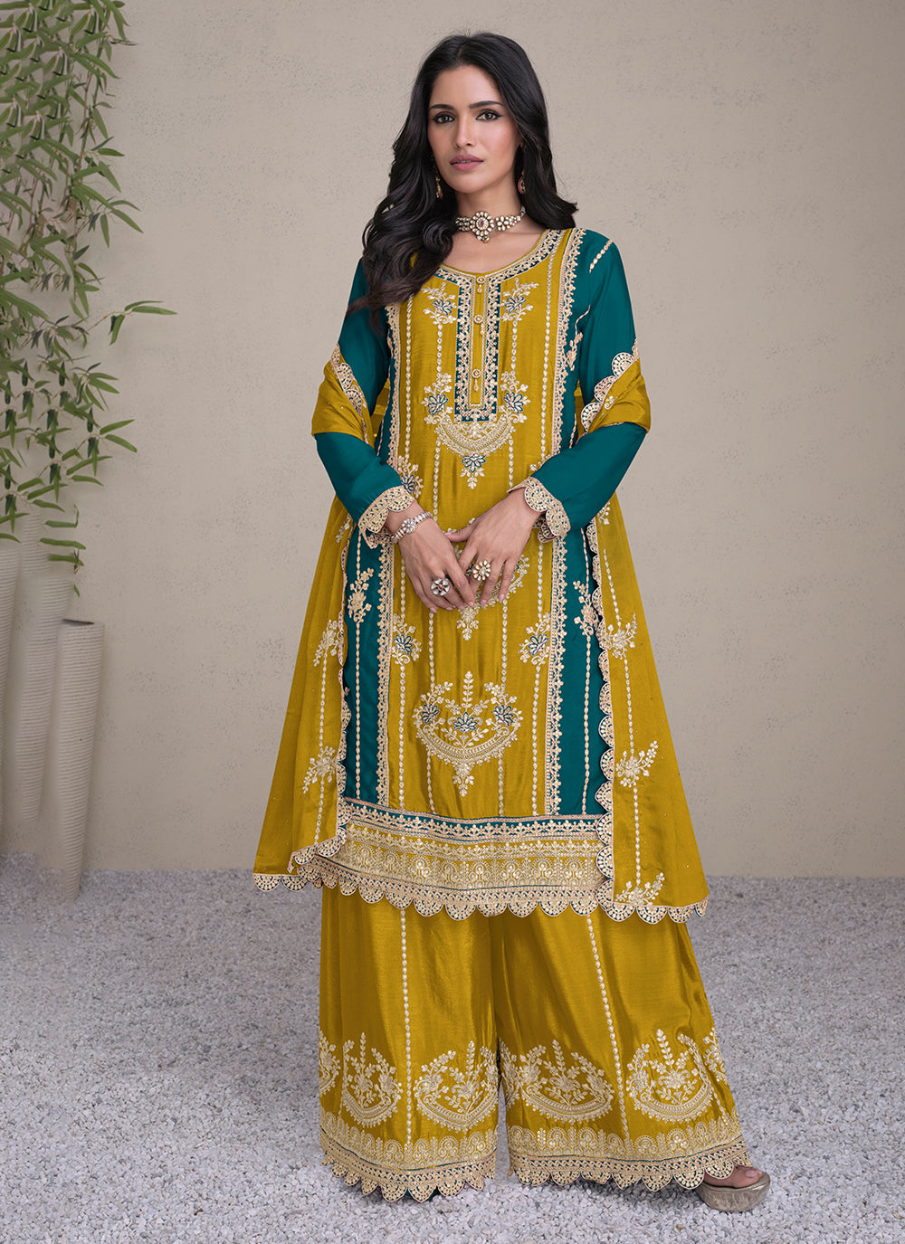 Embroidered And Sequins Work Chinon Salwar Suit In Mustard