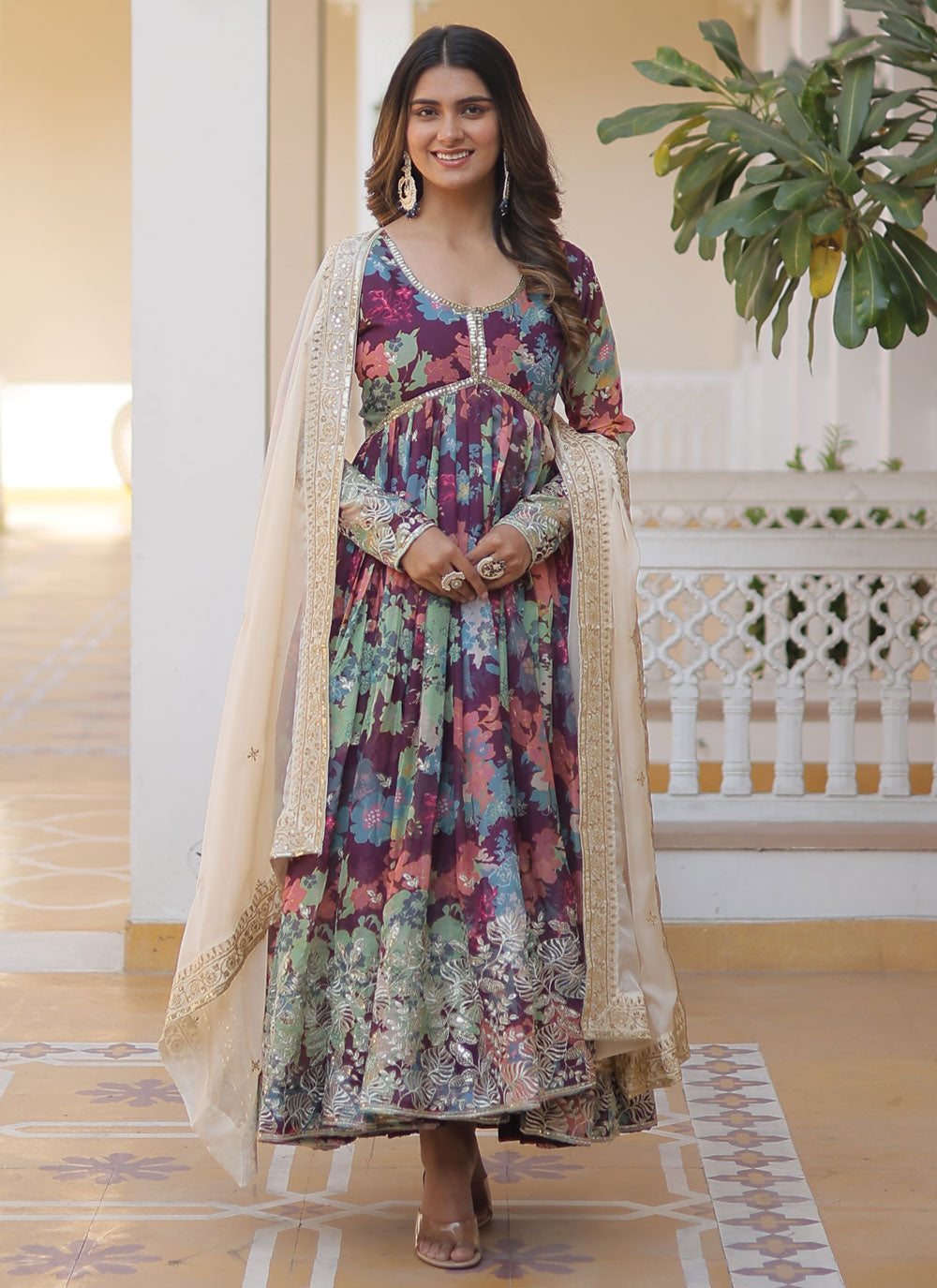 Digital Print, Embroidered And Sequins Work Silk Designer Gown In Multi Colour