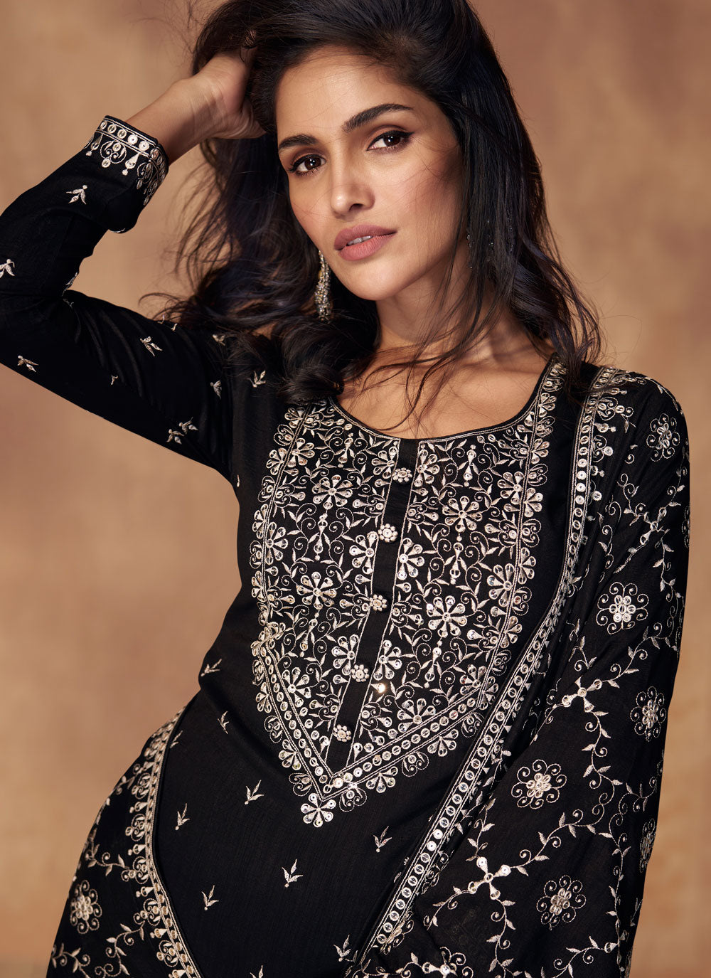 Embroidered Work Silk Pant Style Suit In Black