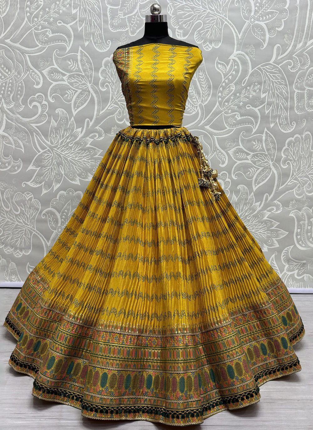 Yellow A - Line Lehenga Choli With Lace And Print Work For Ceremonial