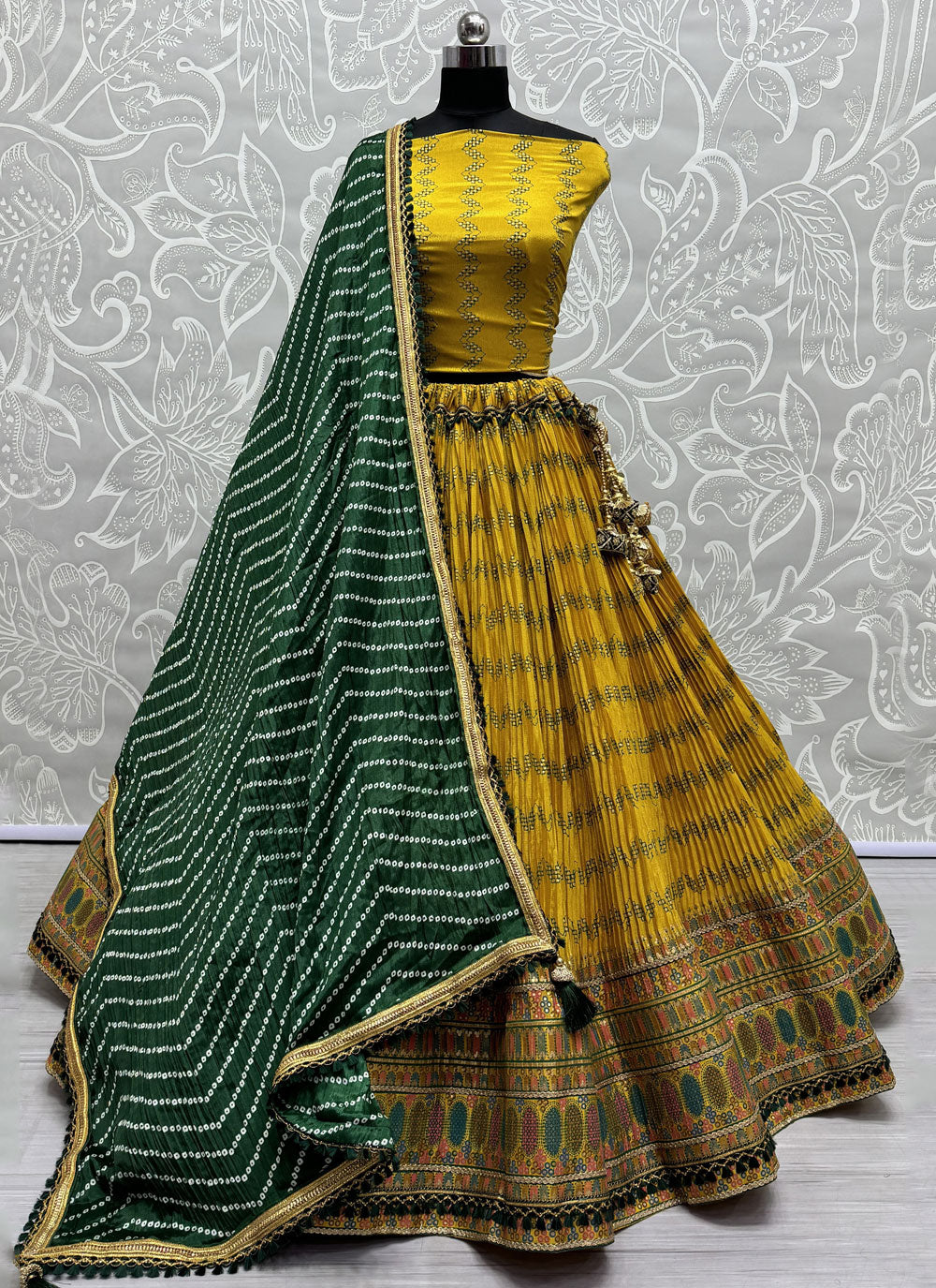 Yellow A - Line Lehenga Choli With Lace And Print Work For Ceremonial