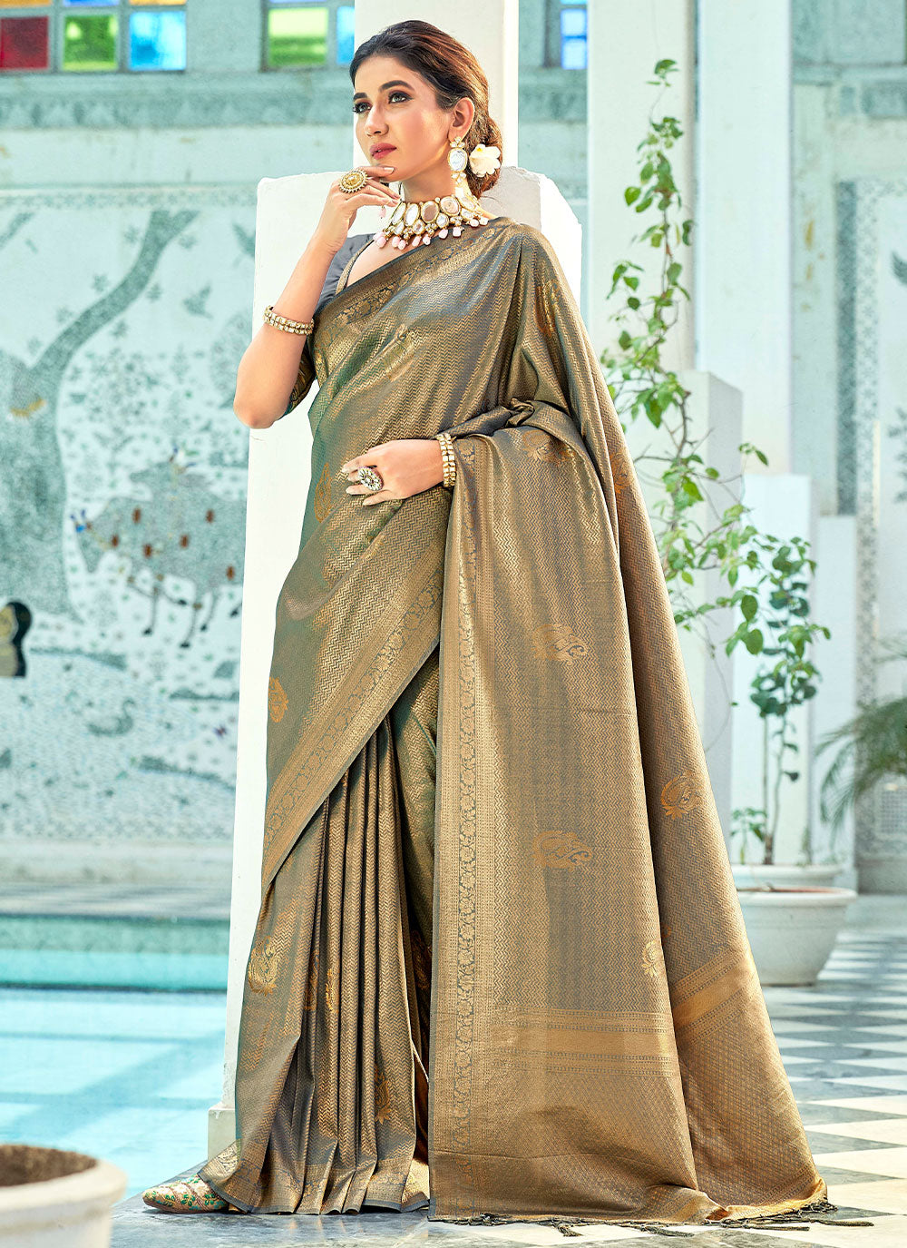 Woven Classic Saree For Grey  Color