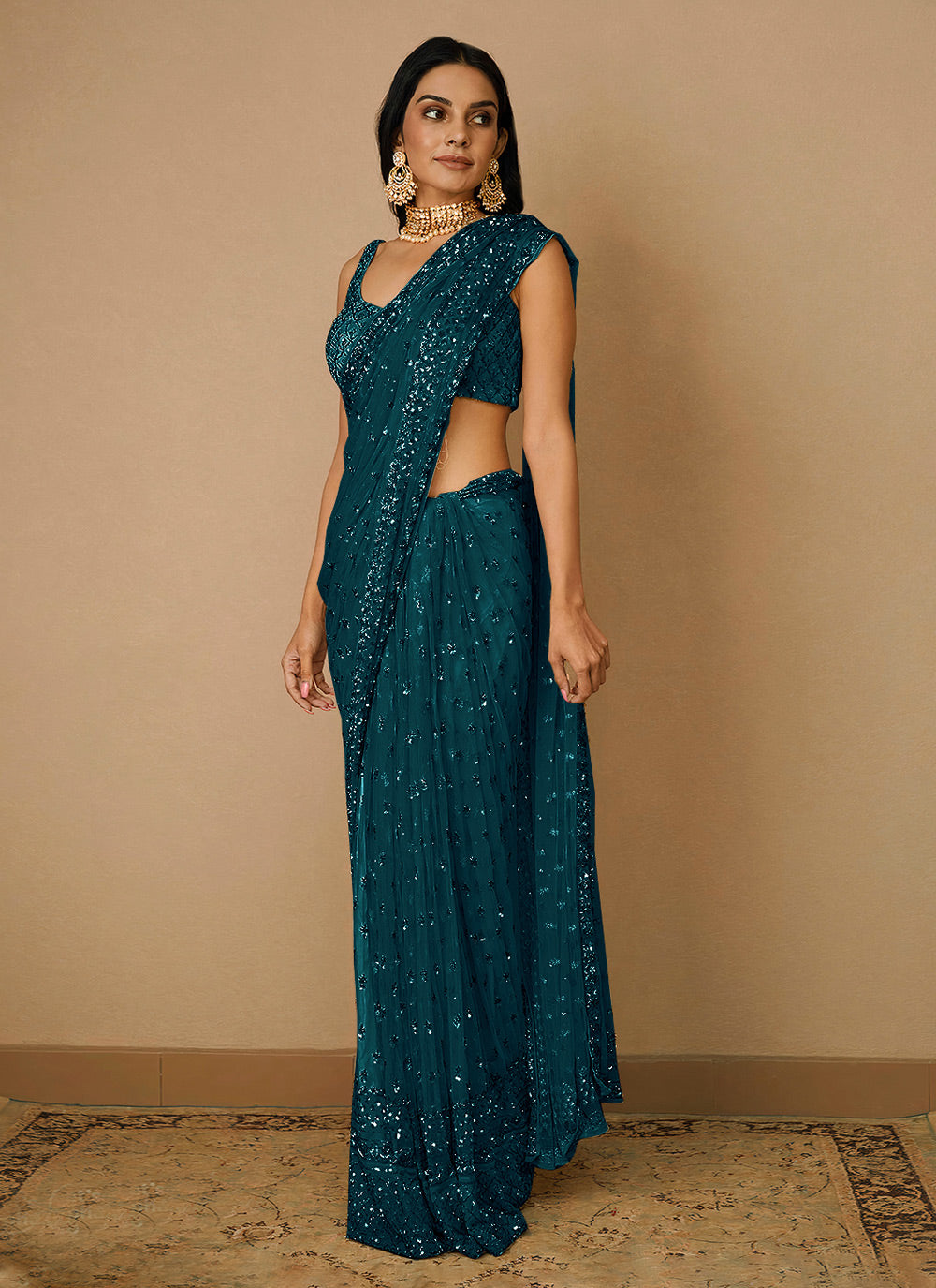 Contemporary Saree Embroidered Net In Teal