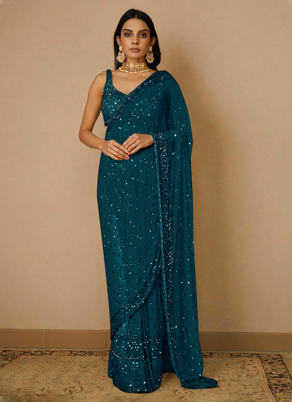 Contemporary Saree Embroidered Net In Teal