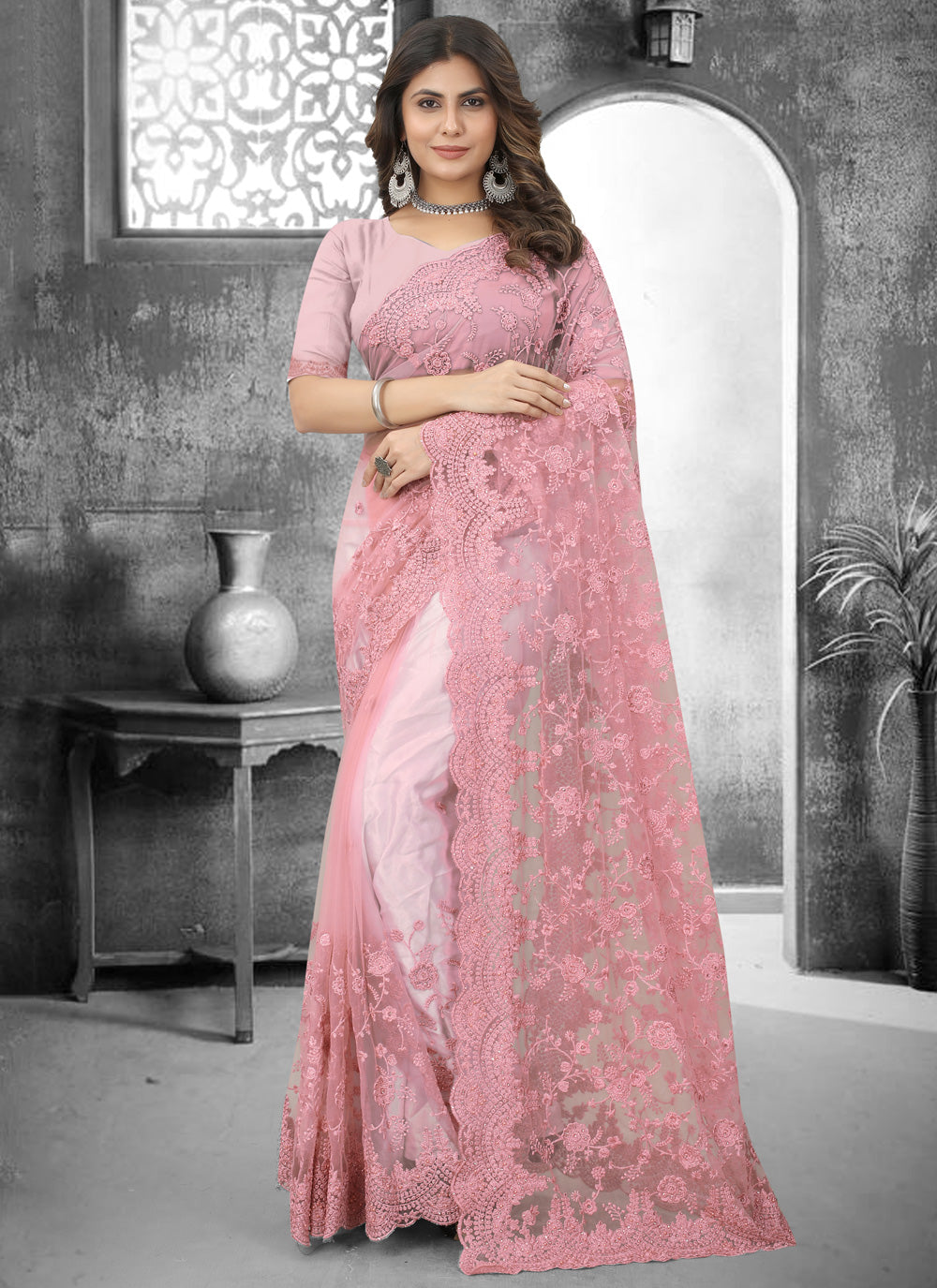 Contemporary Saree Resham Net In Pink