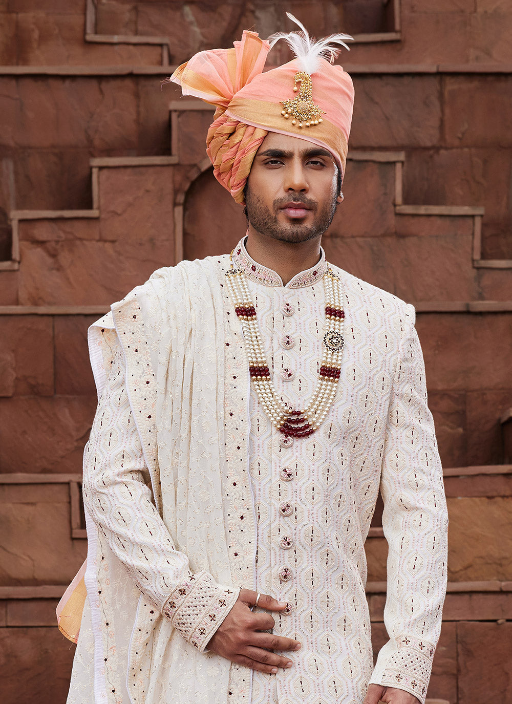 Art Silk Sherwani Mens Wear In Cream And Maroon