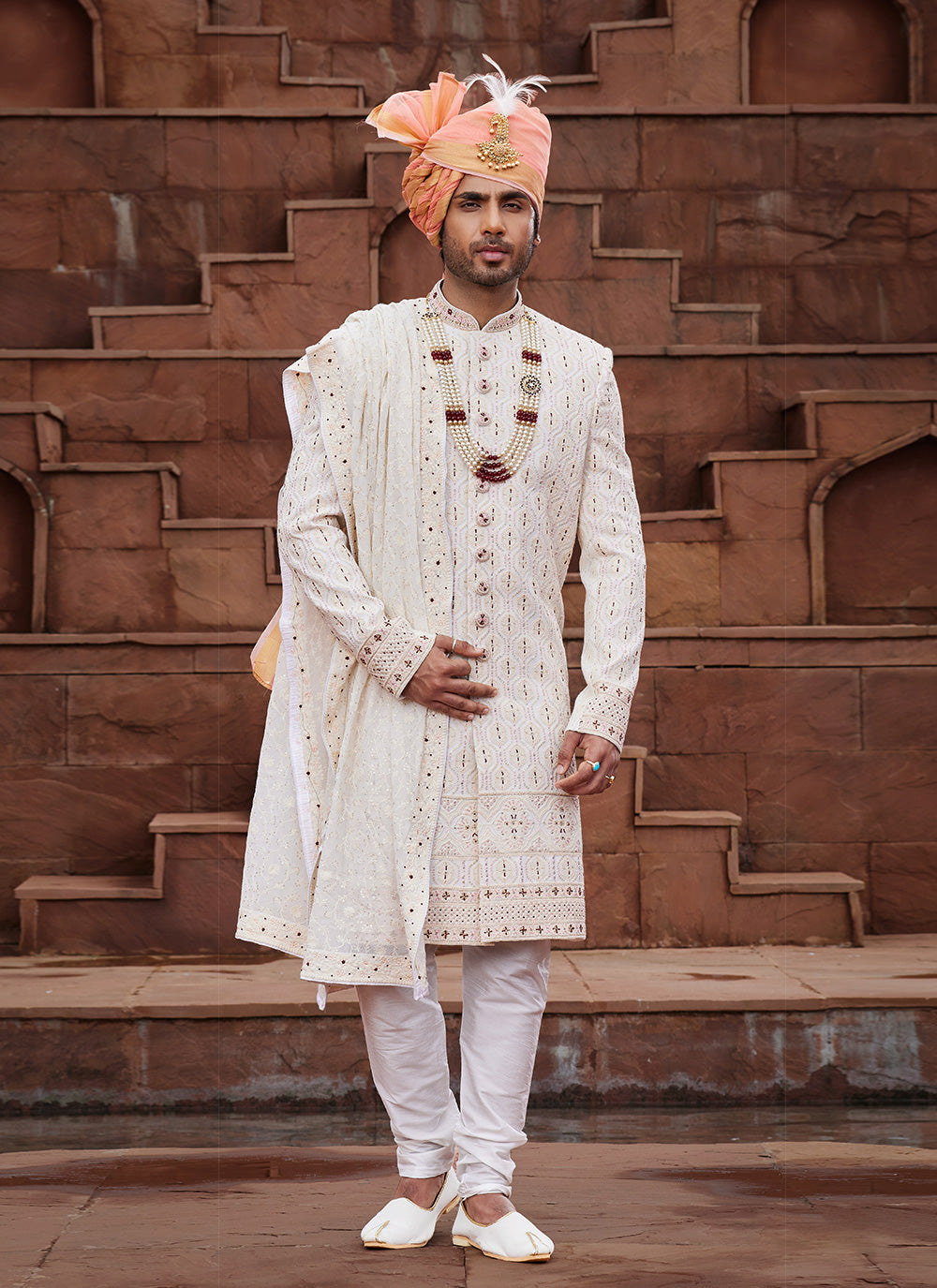 Art Silk Sherwani Mens Wear In Cream And Maroon