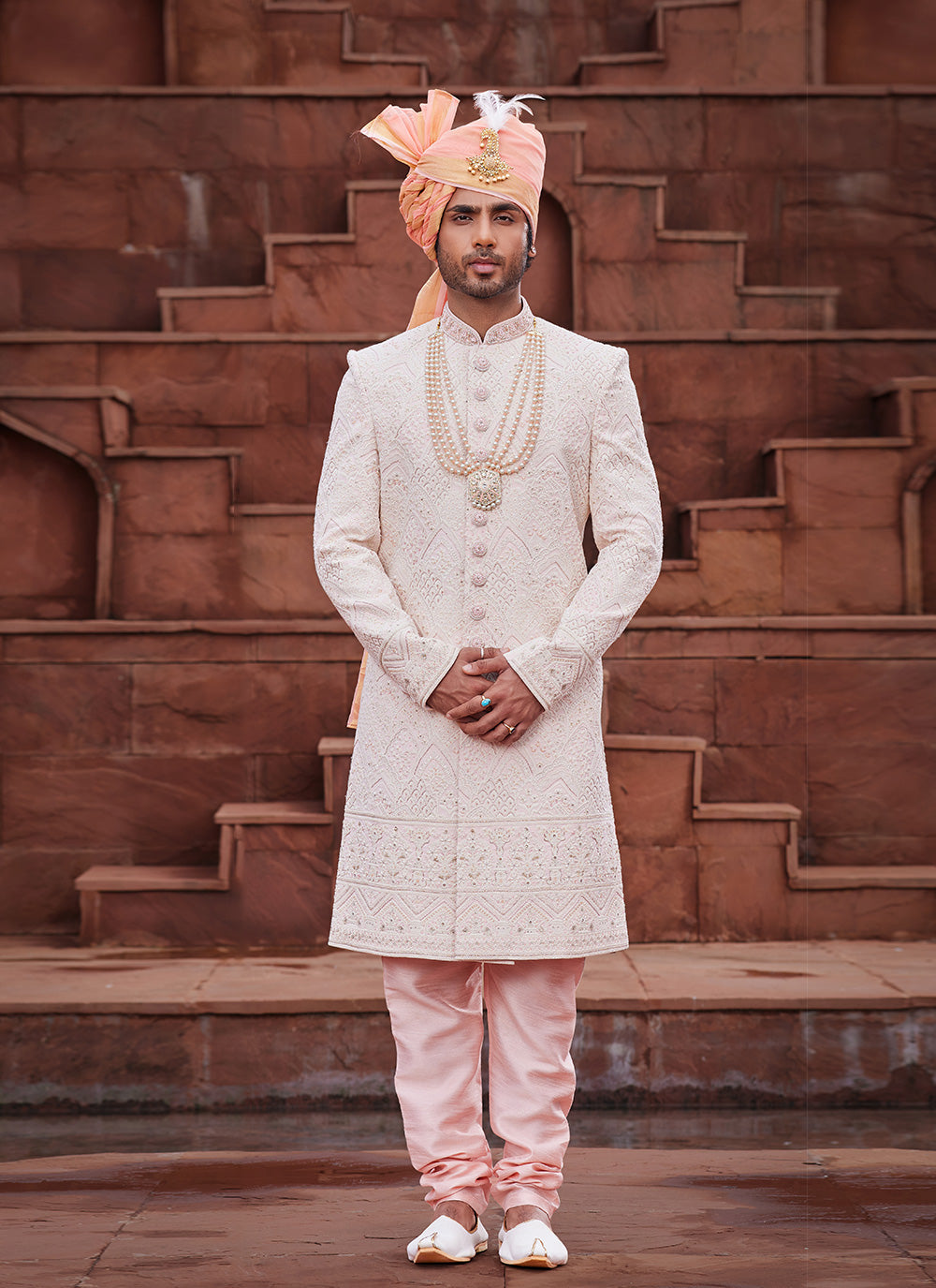 Cream And Peach Art Silk Sherwani Mens Wear For Men