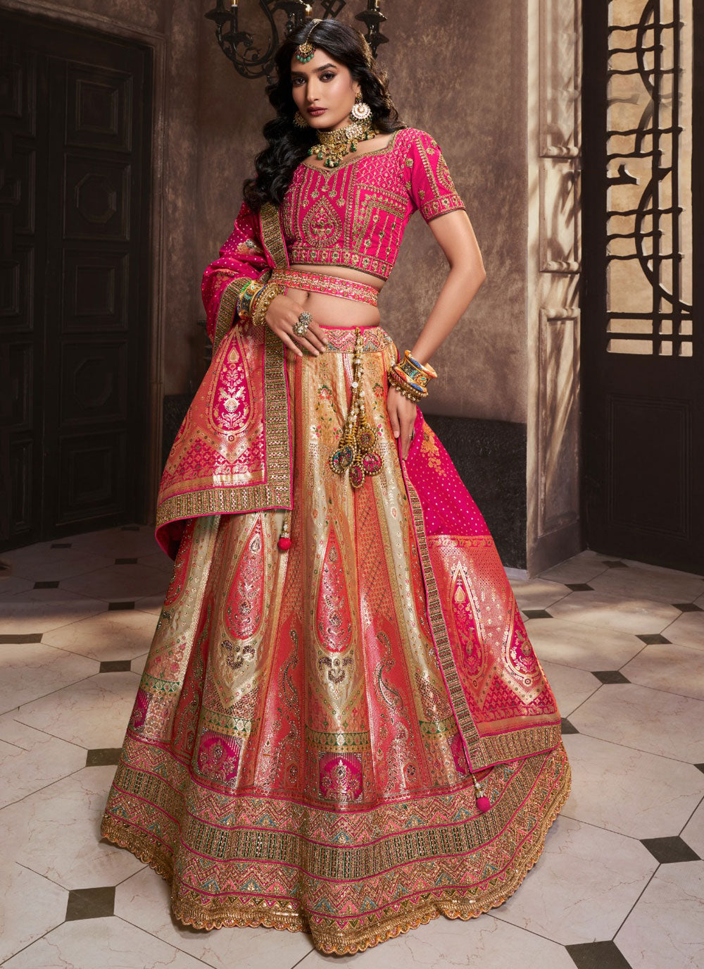 Cream And Pink Banarasi Silk Lehenga Choli With Diamond And Embroidered Work For Women