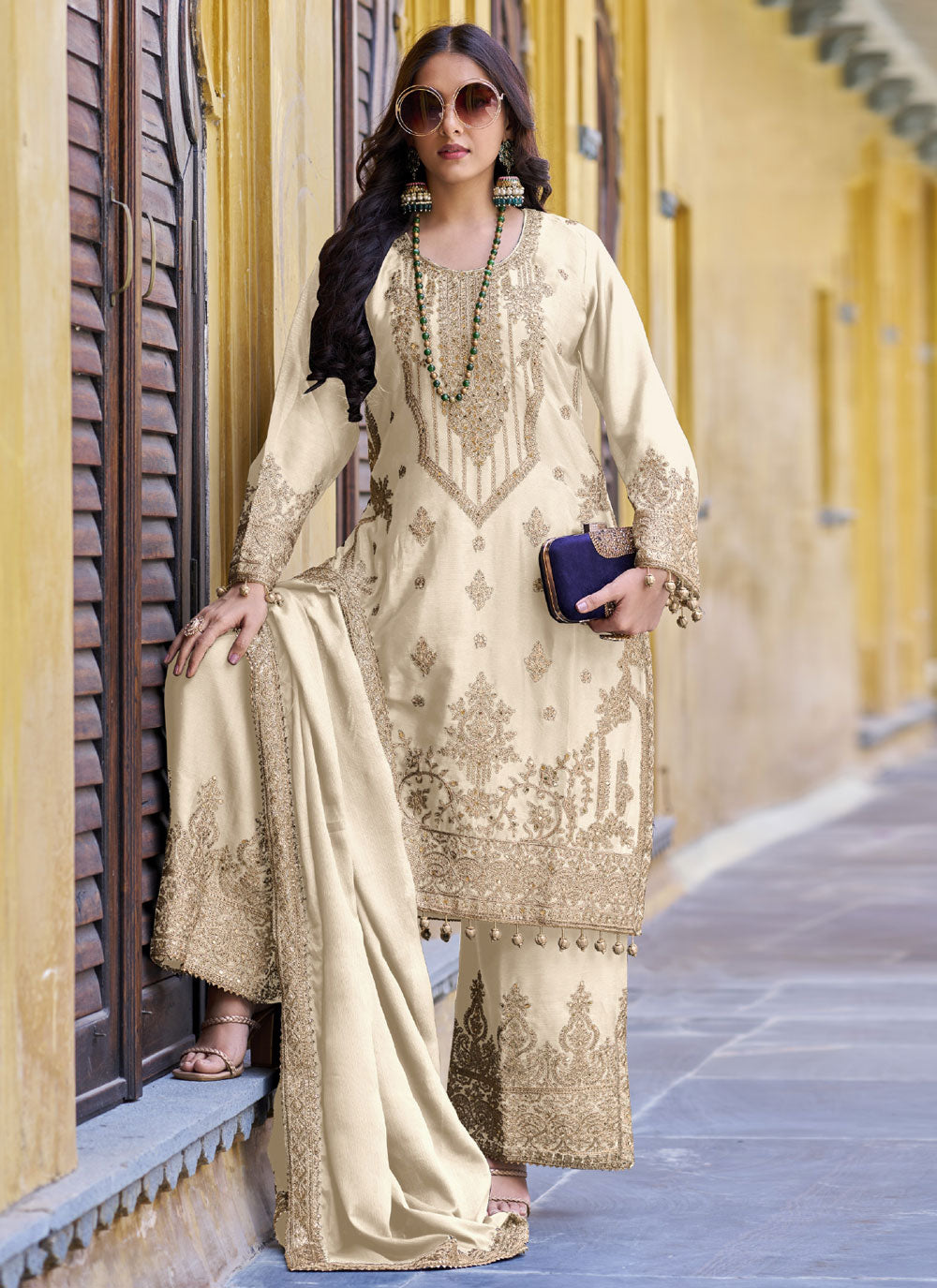 Cream Chinon Beads, Embroidered And Sequins Work Pakistani Salwar Suit For Ceremonial