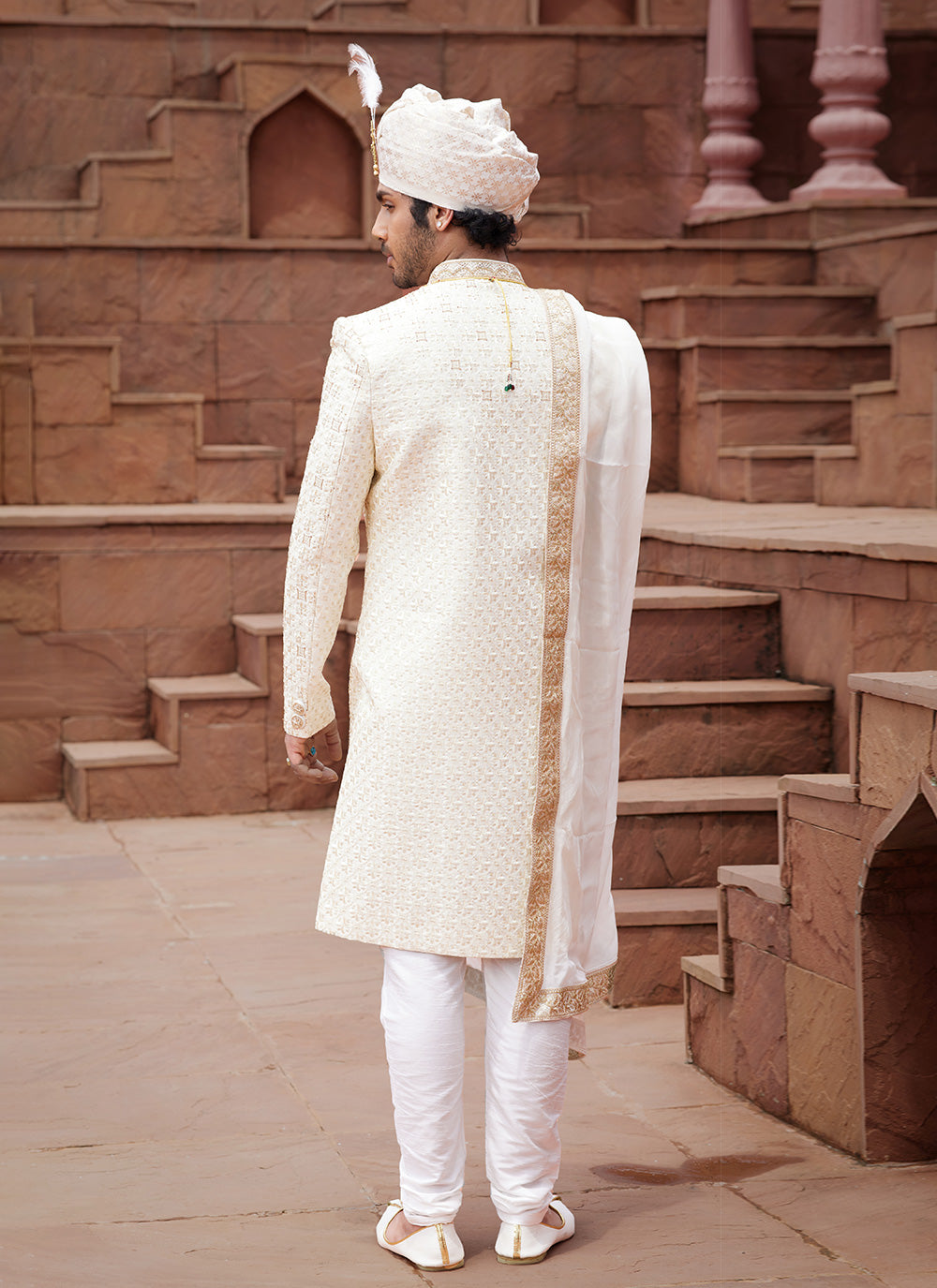 Embroidered, Hand Work Art Silk Sherwani Mens Wear In Cream