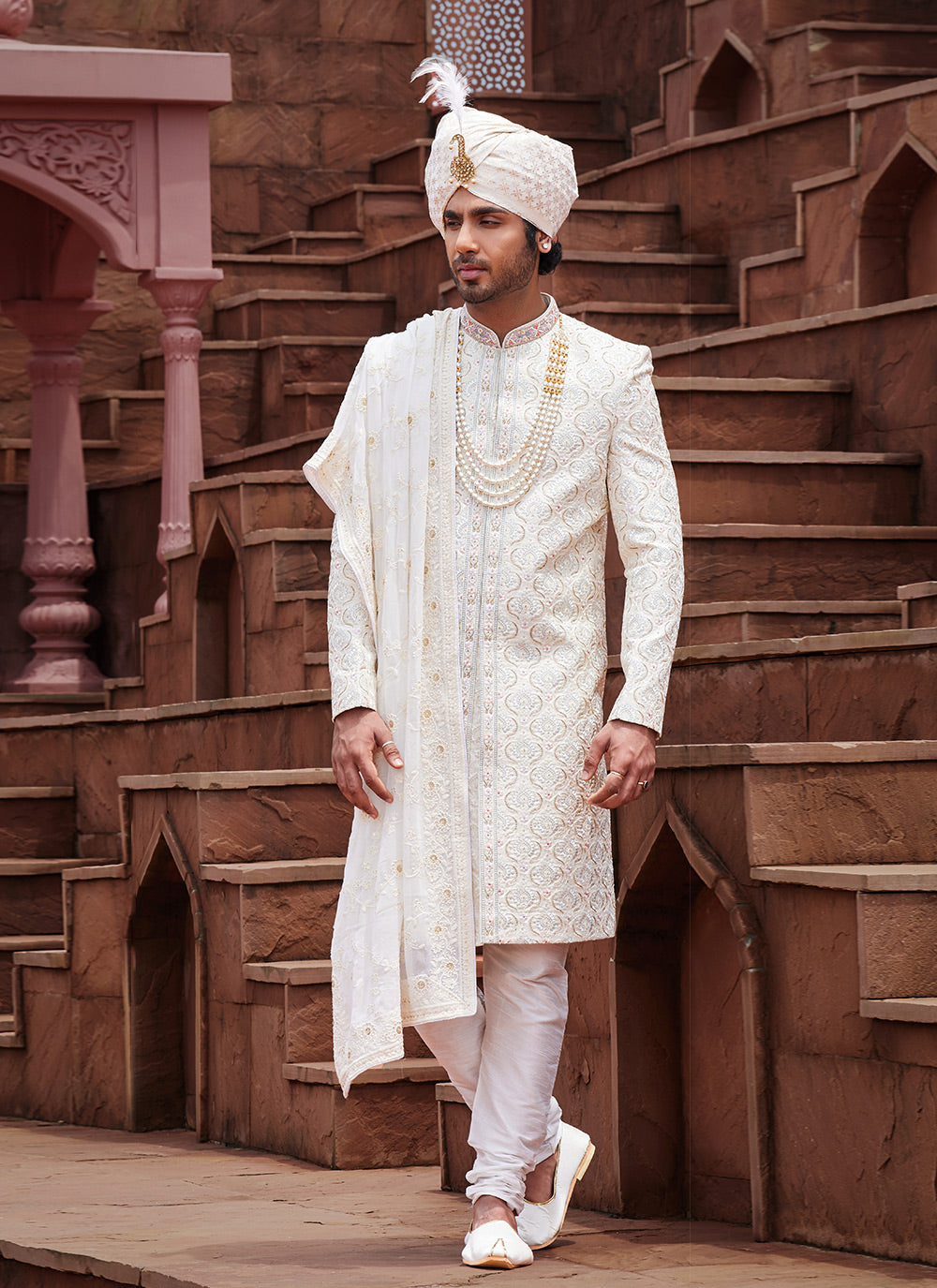 Cream Sherwani Mens Wear With Embroidered, Hand And Thread Work For Men