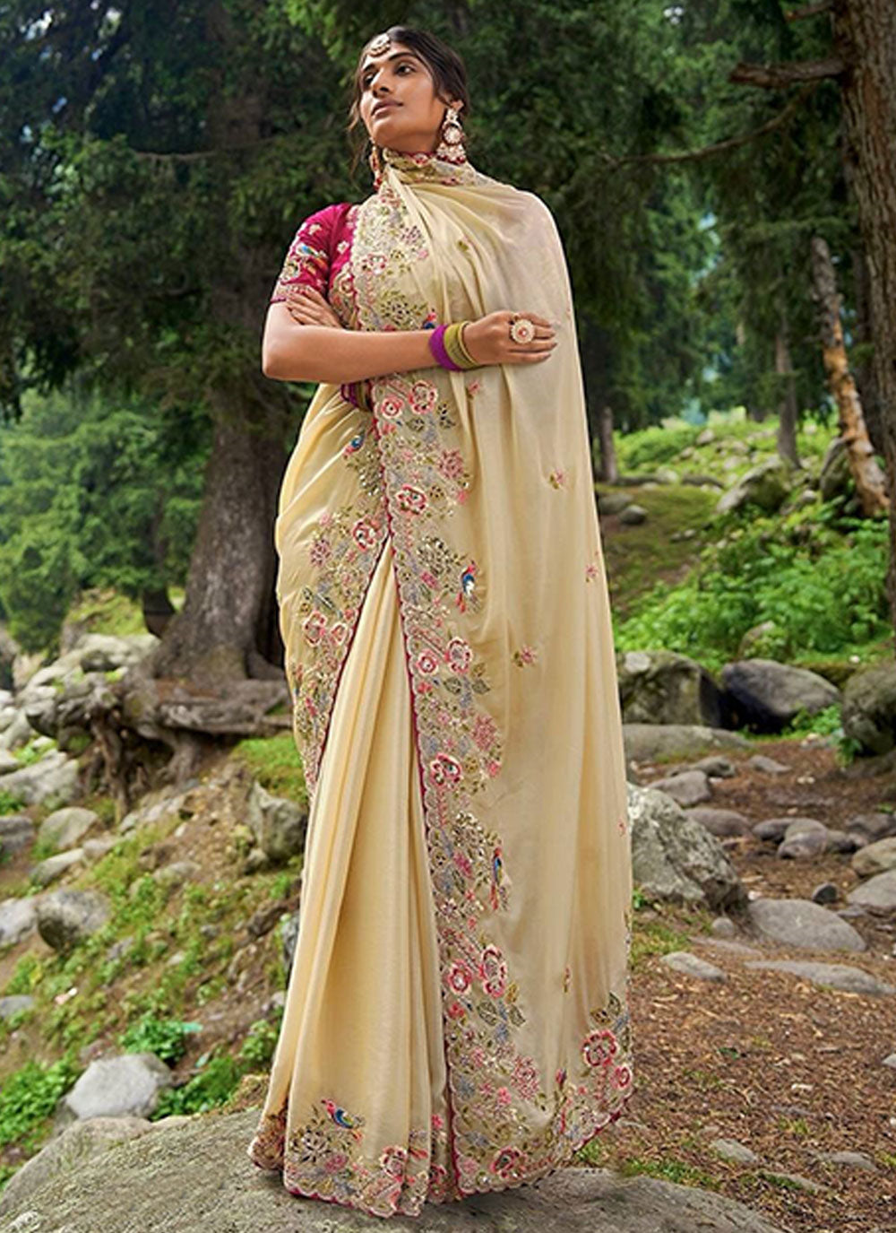 Cream Silk Embroidered And Sequins Work Classic Saree