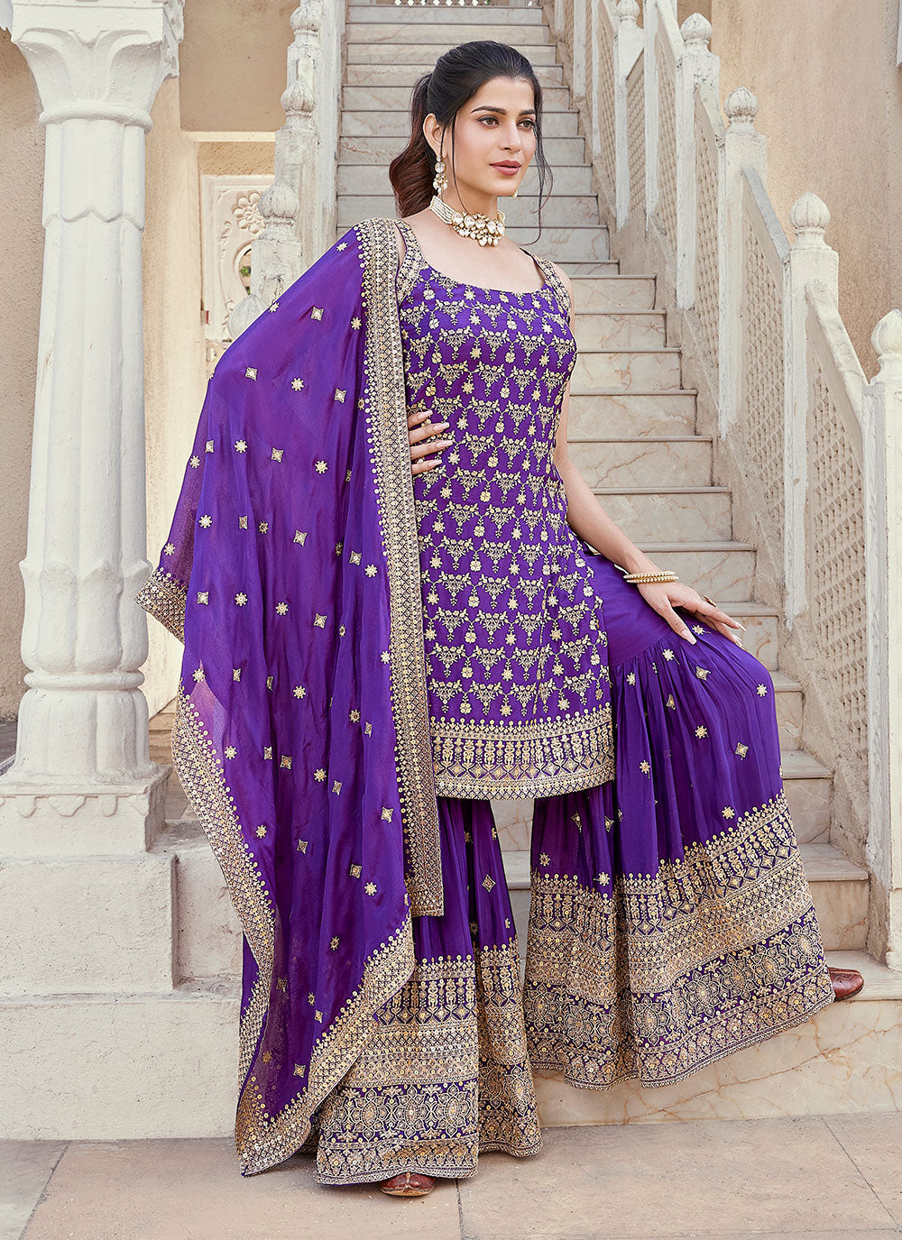 Embroidered Work Silk Salwar Suit In Purple For Ceremonial