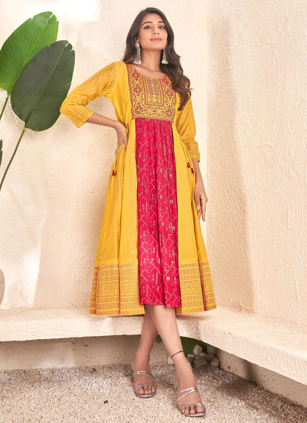 Mustard And Pink Cotton Party Wear Kurti With Foil Print Work For Women