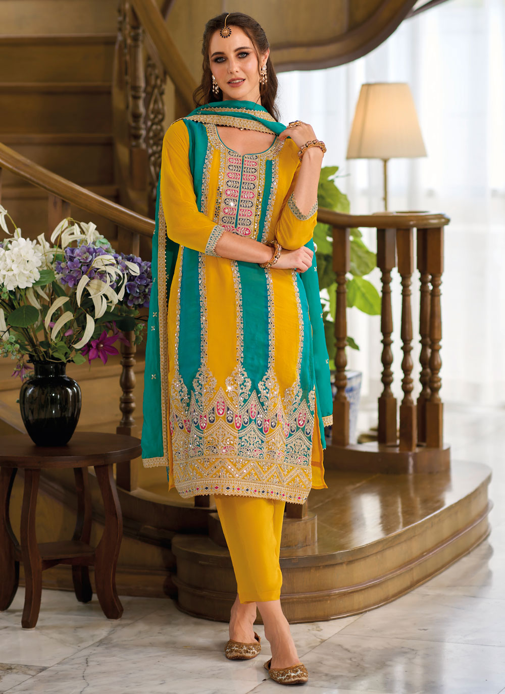 Embroidered And Mirror Work Organza Salwar Suit In Rama And Yellow For Engagement