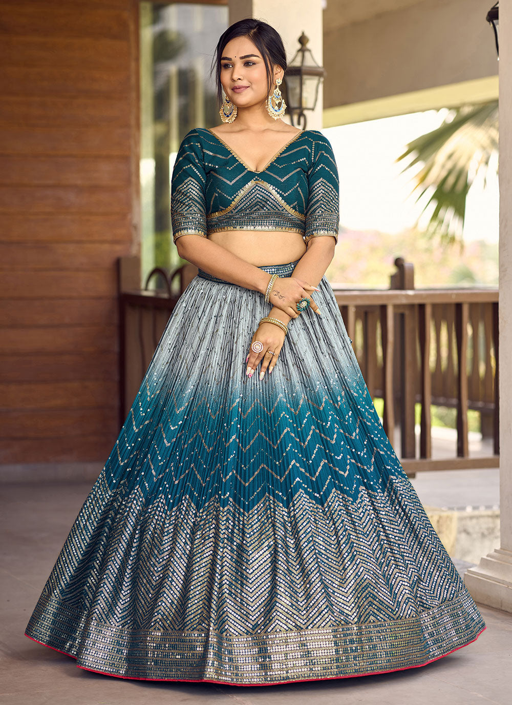 Blue Chinon A - Line Lehenga Choli With Embroidered, Sequins And Thread Work